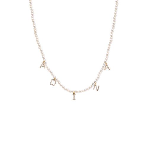 Diamond Pave Dangling Name Pearl Necklace 14K