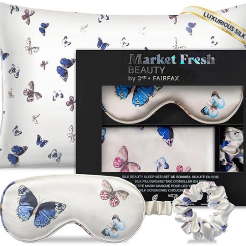 Market Fresh Beauty Silk Sleep Set, Pillowcase, Eye Mask and Hair Scrunchie, Silk, Butterfly