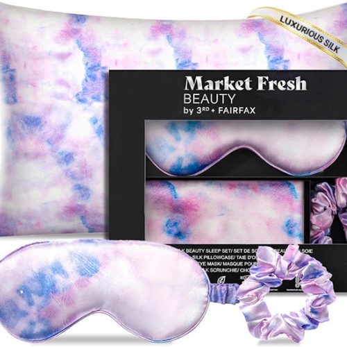 Market Fresh Beauty Silk Sleep Set, Pillowcase, Eye Mask and Hair Scrunchie, Silk, Pink, White & Blue