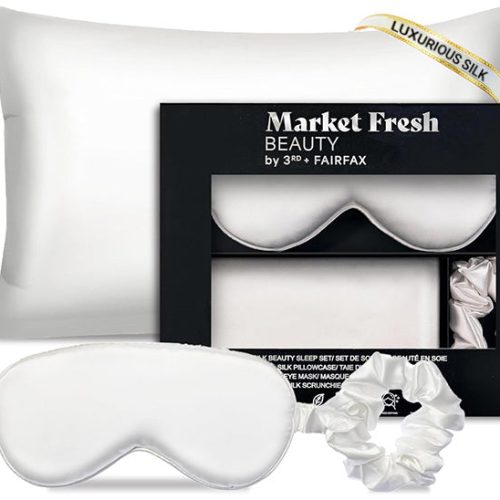 Market Fresh Beauty Silk Sleep Set, Pillowcase, Eye Mask and Hair Scrunchie, Silk, White