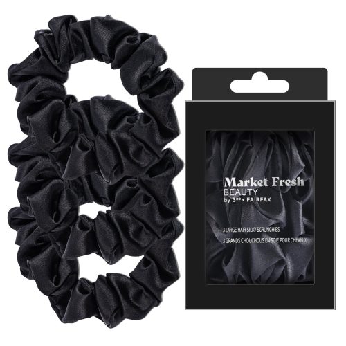 Market Fresh Beauty Silk Hair Scrunchies, 3 Pack - Large Silk Scrunchies for All Hair Types, Prevents Hair Breakage & Crease-Free Styling - Luxurious Black