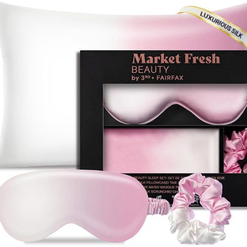 Market Fresh Beauty Silk Sleep Set, Pillowcase, Eye Mask and Hair Scrunchie, Silk, Pink & White Gradient