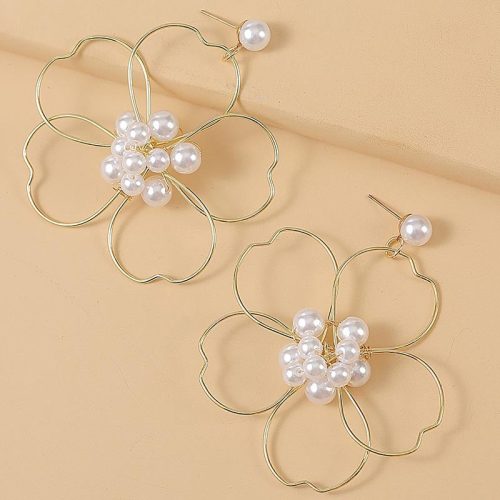 Pearl woven large flower earrings, women's trend, hand wrapped earrings, jewelry
