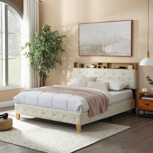 Queen Size Bed Frame, Shelf Upholstered Headboard, Platform Bed with Outlet & USB Ports, Wood Legs, No Box Spring Needed, Easy Assembly, Beige