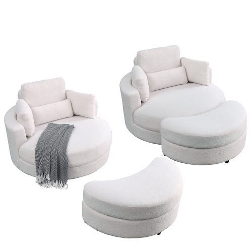 Swivel Accent Barrel Modern Sofa Lounge Club Big Round Chair with Storage Ottoman Linen Fabric for Living Room Hotel with Pillows,Teddy White 3pcs(IVORY)