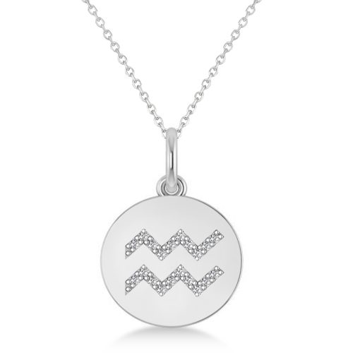 Diamond Aquarius Zodiac Disk Pendant Necklace 14k White Gold (0.10ct)