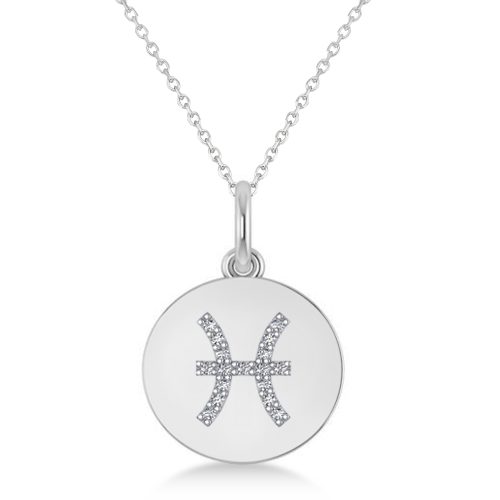 Diamond Pisces Zodiac Disk Pendant Necklace 14k White Gold (0.085ct)