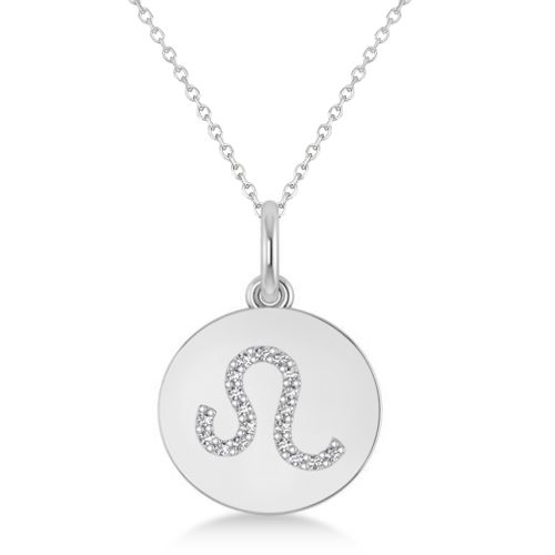 Diamond Leo Zodiac Disk Pendant Necklace 14k White Gold (0.095ct)