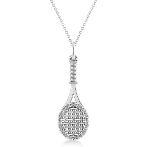 Diamond Accented Tennis Racket Pendant Necklace 14K White Gold (0.48ct)