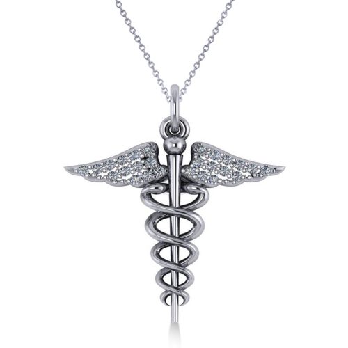 Diamond Caduceus Medical Symbol Pendant 14k White Gold (0.13ct)