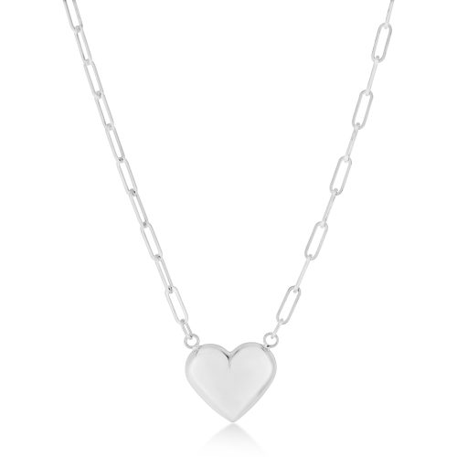 Paperclip Puffed Heart Pendant Necklace 14k White Gold