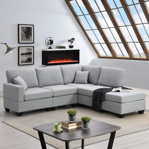 89.8*60.2" Modern Sectional Sofa,5-Seat Modular Couch Set with Convertible Ottoman,L-Shape Linen Fabric Corner Couch Set with 2 Pillows for Living Room,Apartment,Office, 3 Colors