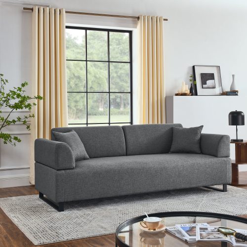 Linen Fabric 3 Seat Sofa with Two End Tables and Two Pillows, Removable Back and Armrest, Morden Style Upholstered 3-Seat Couch for Living Room