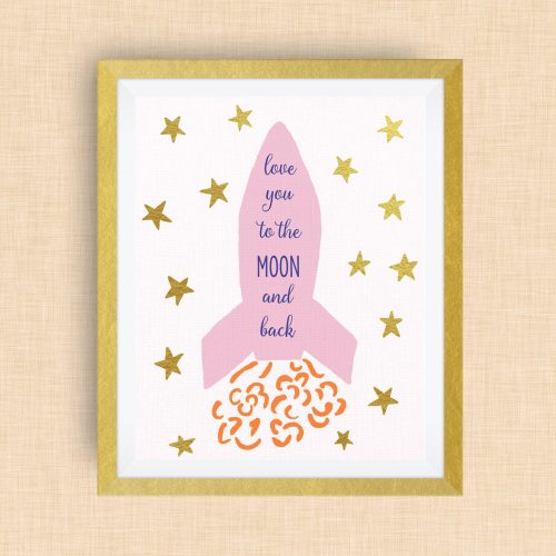 Rocketship art - love you to the moon and back -  option of Gold Foil Print