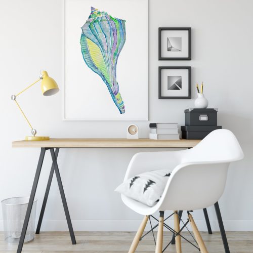 Seashell art, lightning whelk, wild, colorful, beach art, Watercolor art - teal, green, violet, office art, Happy, Colorful, Bright