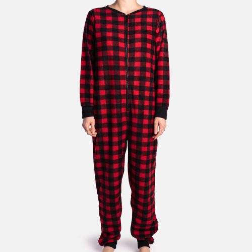 🔴 Matching Red Plaid Human Onesie – Cozy Zip-Up Pajamas for Pet Parents