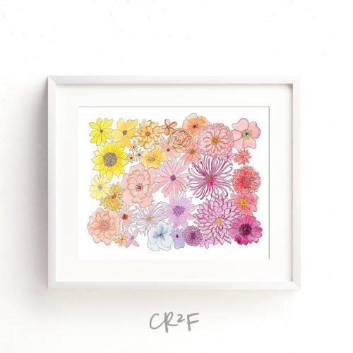 Rainbow Flower Art Print - Rose Dahlia Peony Sunflower Daisy Zinnia Painting